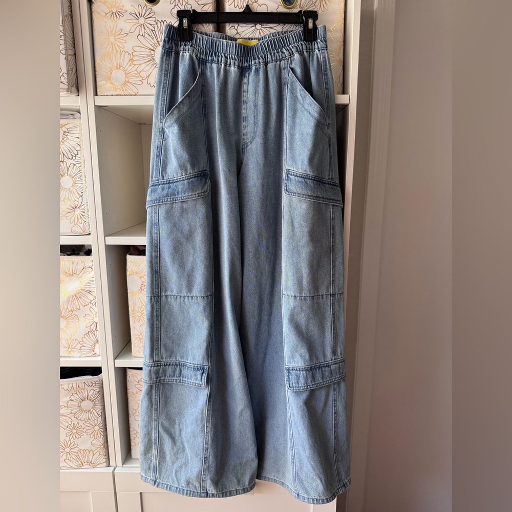 Circus NY Light Blue Wide-Leg Denim Cargo Pants